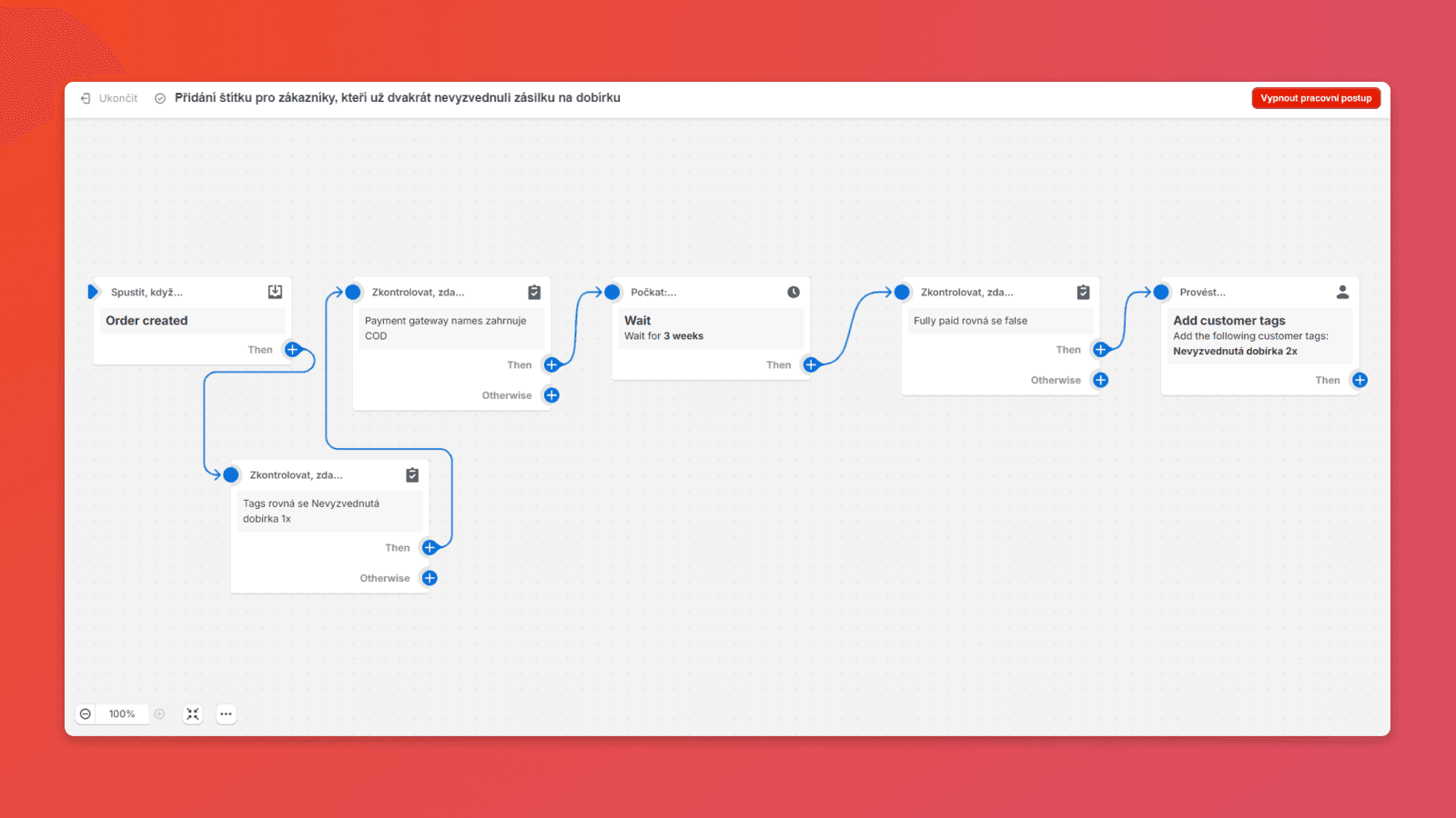 Ukázka nastavení pokročilé automatizace k rozpoznání vybraných zákazníků v aplikaci Shopify Flow