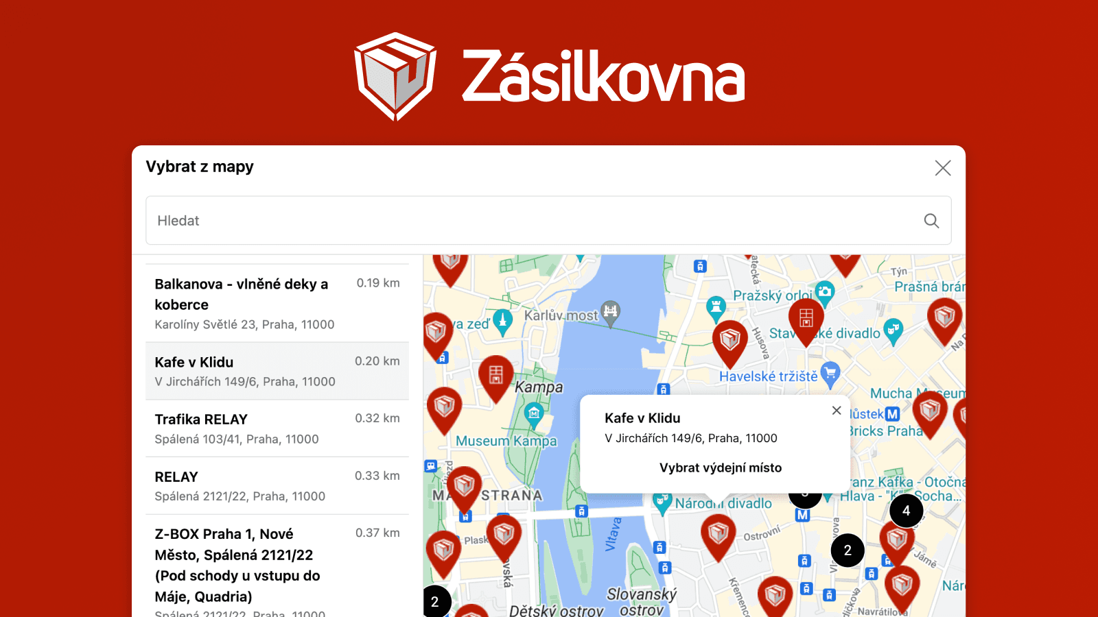 Mapa výdejních míst pro Zásilkovnu