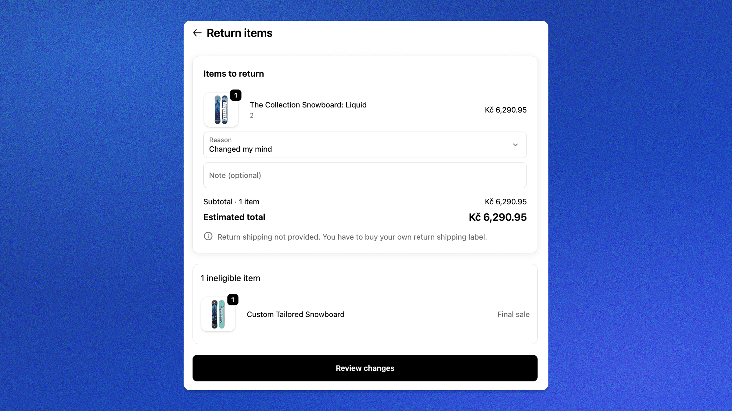 Customer view – Shopify's "Return items" page: the item to return, reason and estimated total; the made-to-order product is shown as an ineligible "Final sale" item