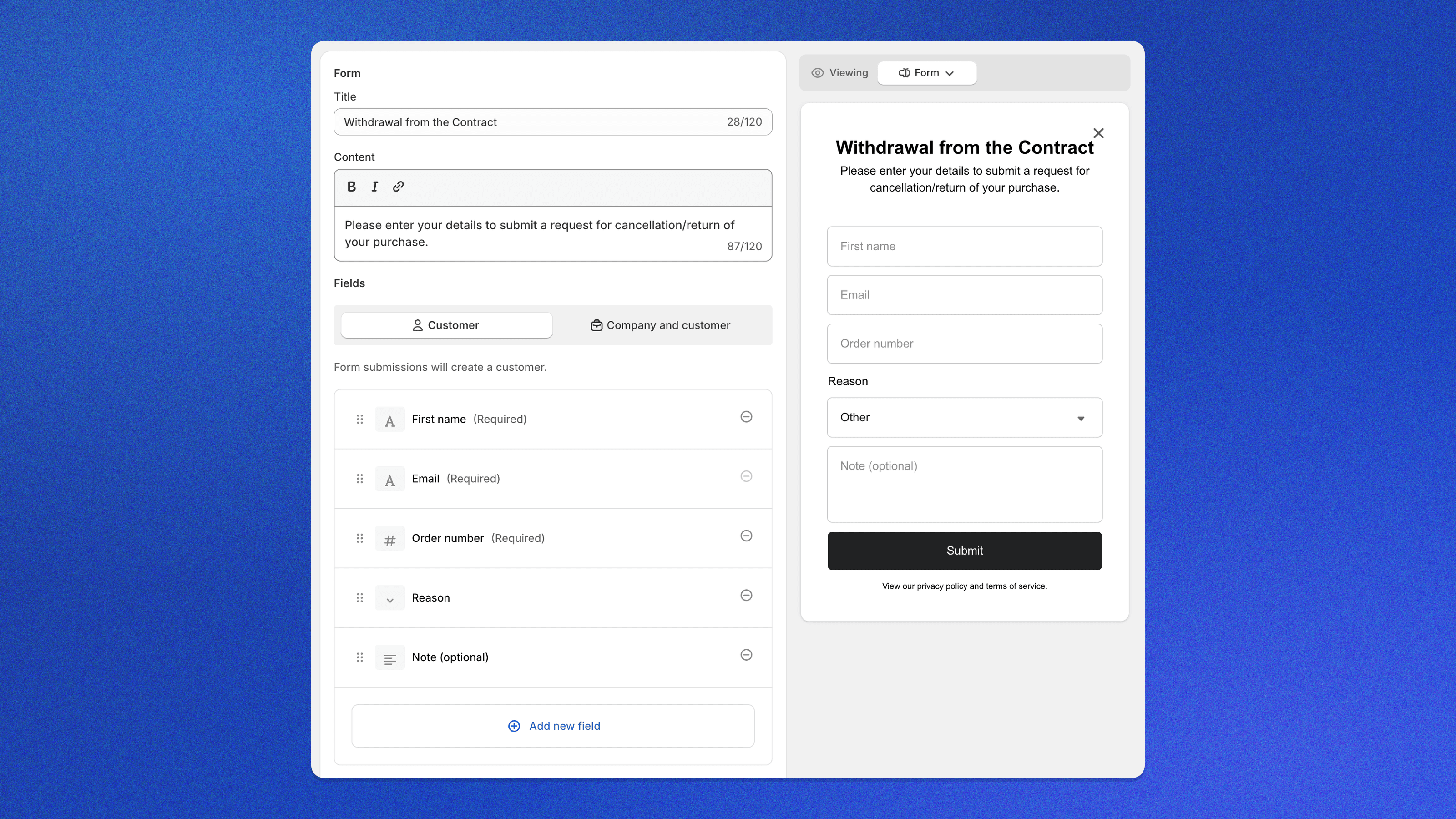 A custom "Withdrawal from the Contract" form in Shopify Forms with name, email, order number and reason fields – live preview of the login-free form on the right