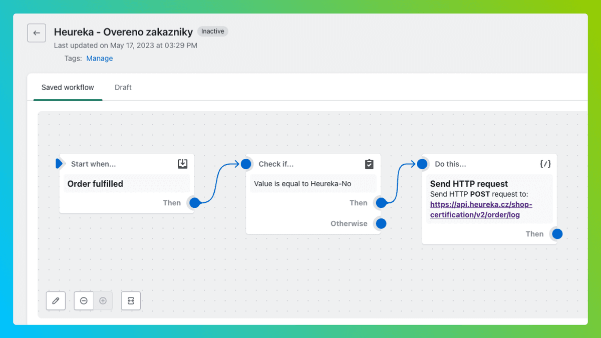 Heureka Ověřeno zákazníky zdarma pomocí Shopify Flow