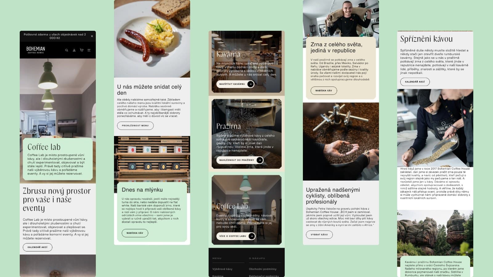 Five Bohemian Coffee House pages on a phone: Coffee Lab, the café with its breakfasts, the homepage, the roastery and About