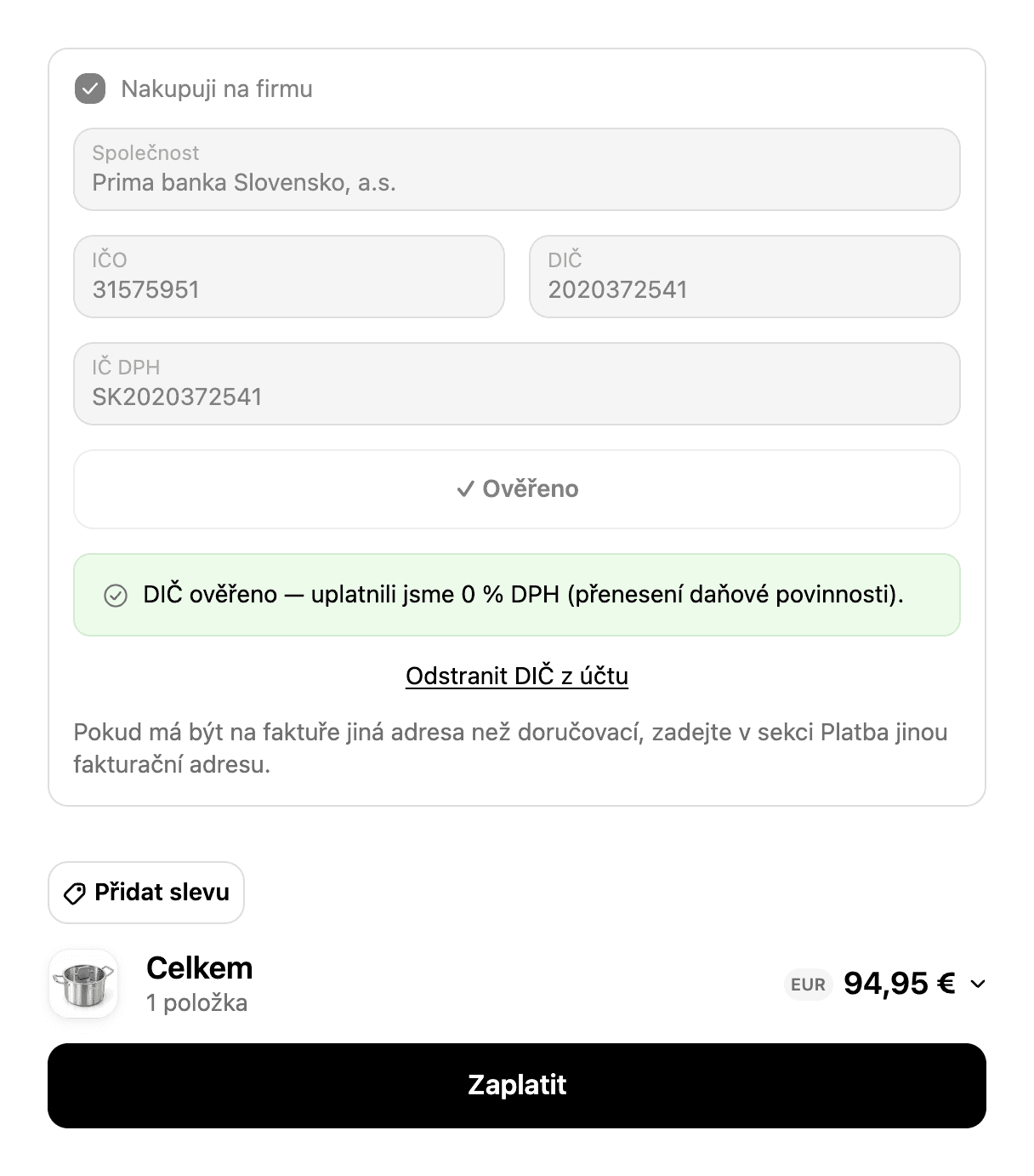 Verified VAT number with the 0% VAT message and a total of €94.95