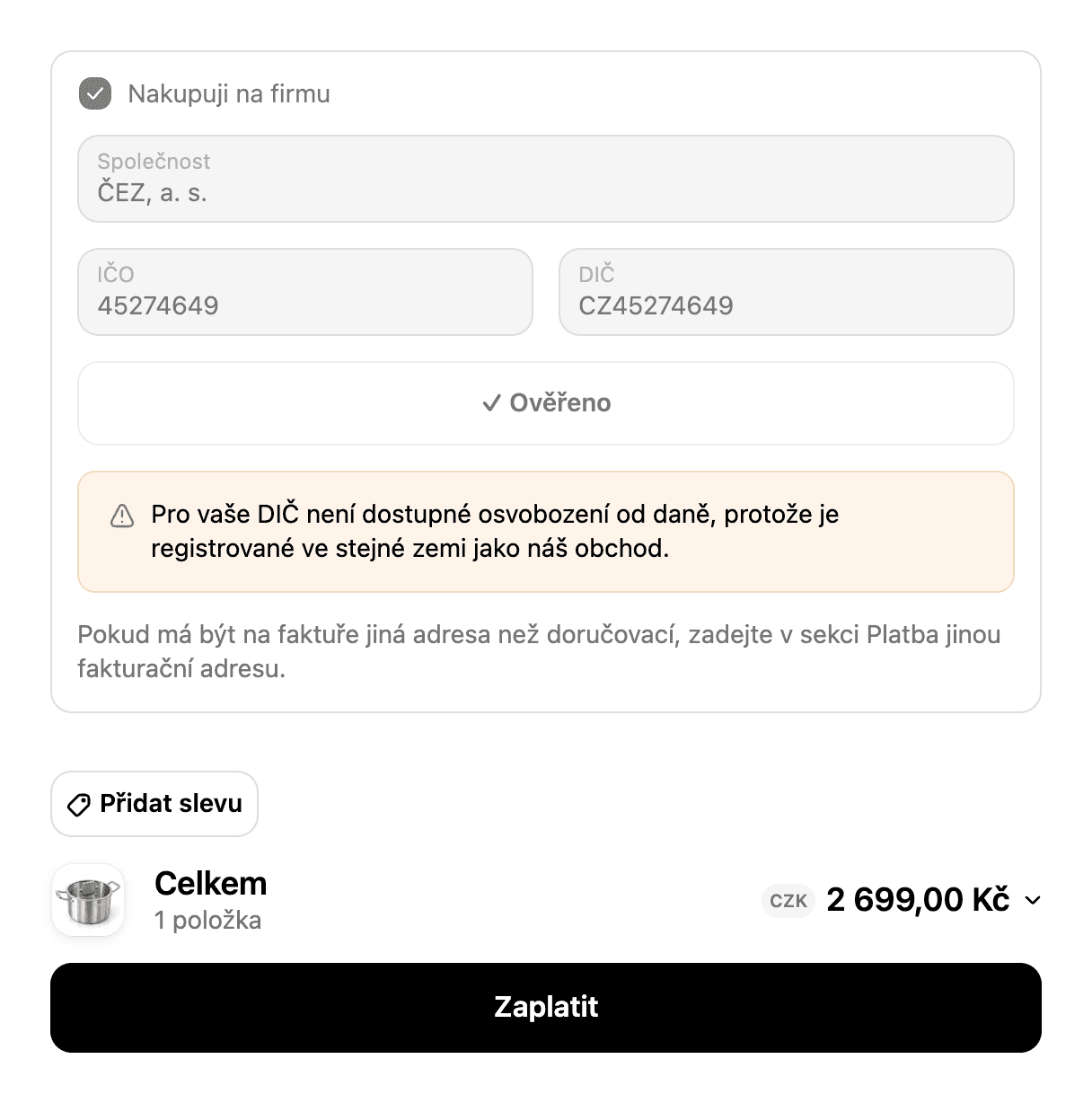 Verified Czech VAT number with a notice that no tax exemption applies