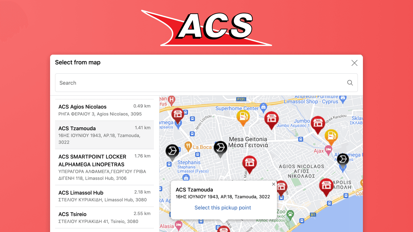 Map of ACS pickup points in Shopify