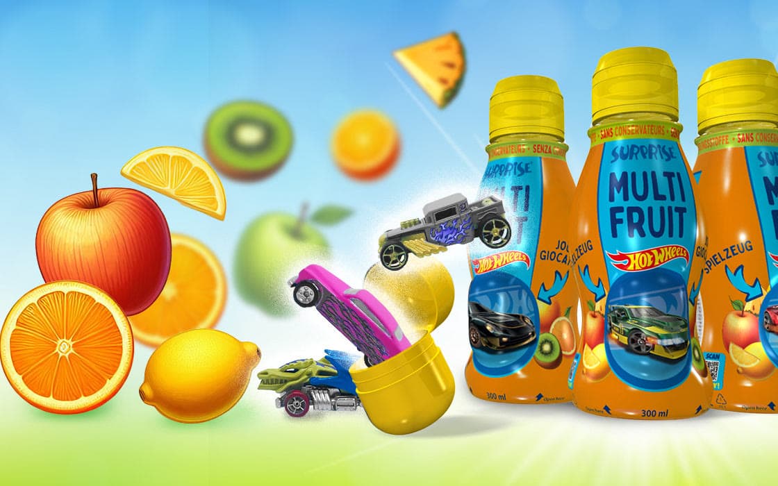 Surprise Drinks Hot Wheels bottles among fruit, with toy cars popping out of a yellow capsule