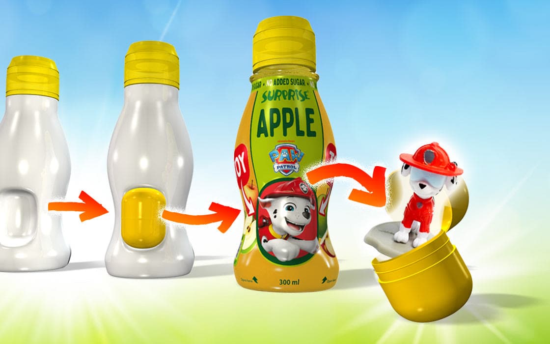Surprise Drinks Paw Patrol bottle: the yellow capsule inside the bottle and a Marshall toy popping out of it