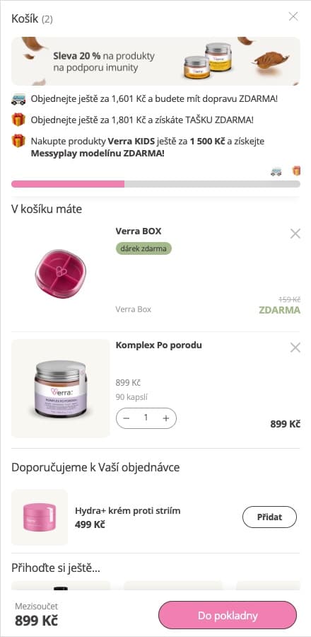 Verra cart with the campaign banner, a free Verra BOX and a Hydra+ cream offer