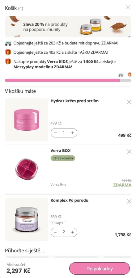 Verra cart: 203 CZK left to free shipping and 403 CZK to a free bag