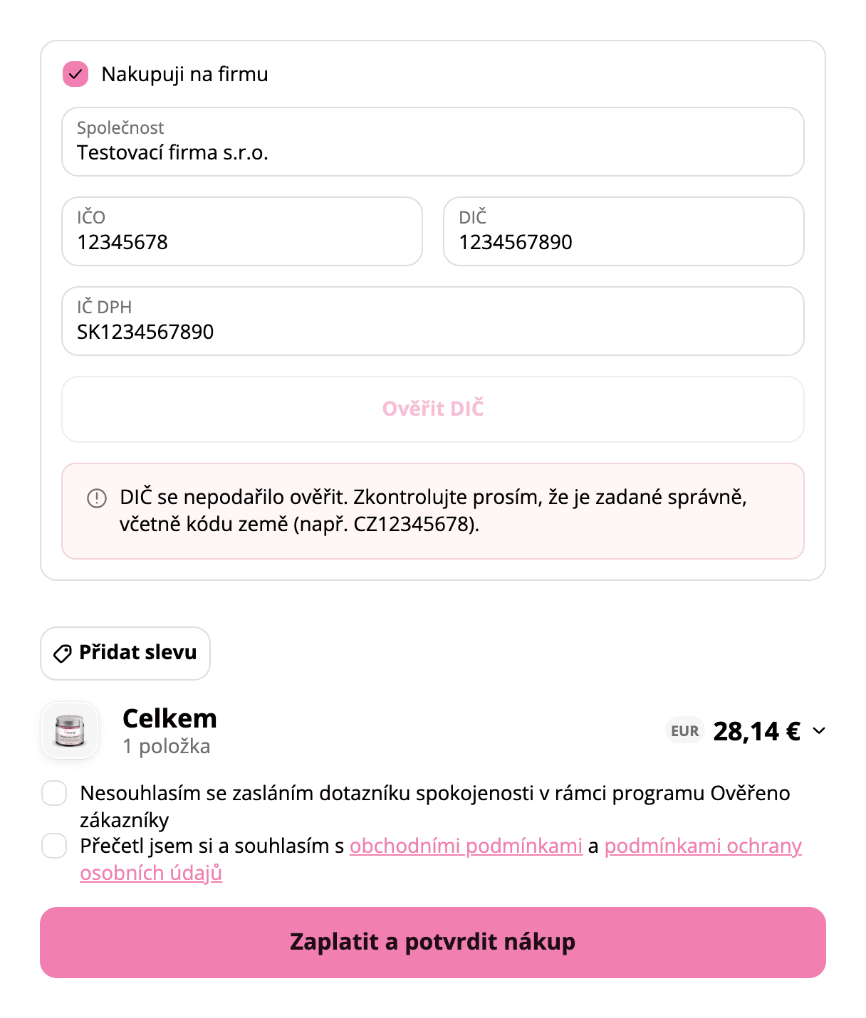 The Nakupuji na firmu block in the Verra checkout with the message DIČ se nepodařilo ověřit