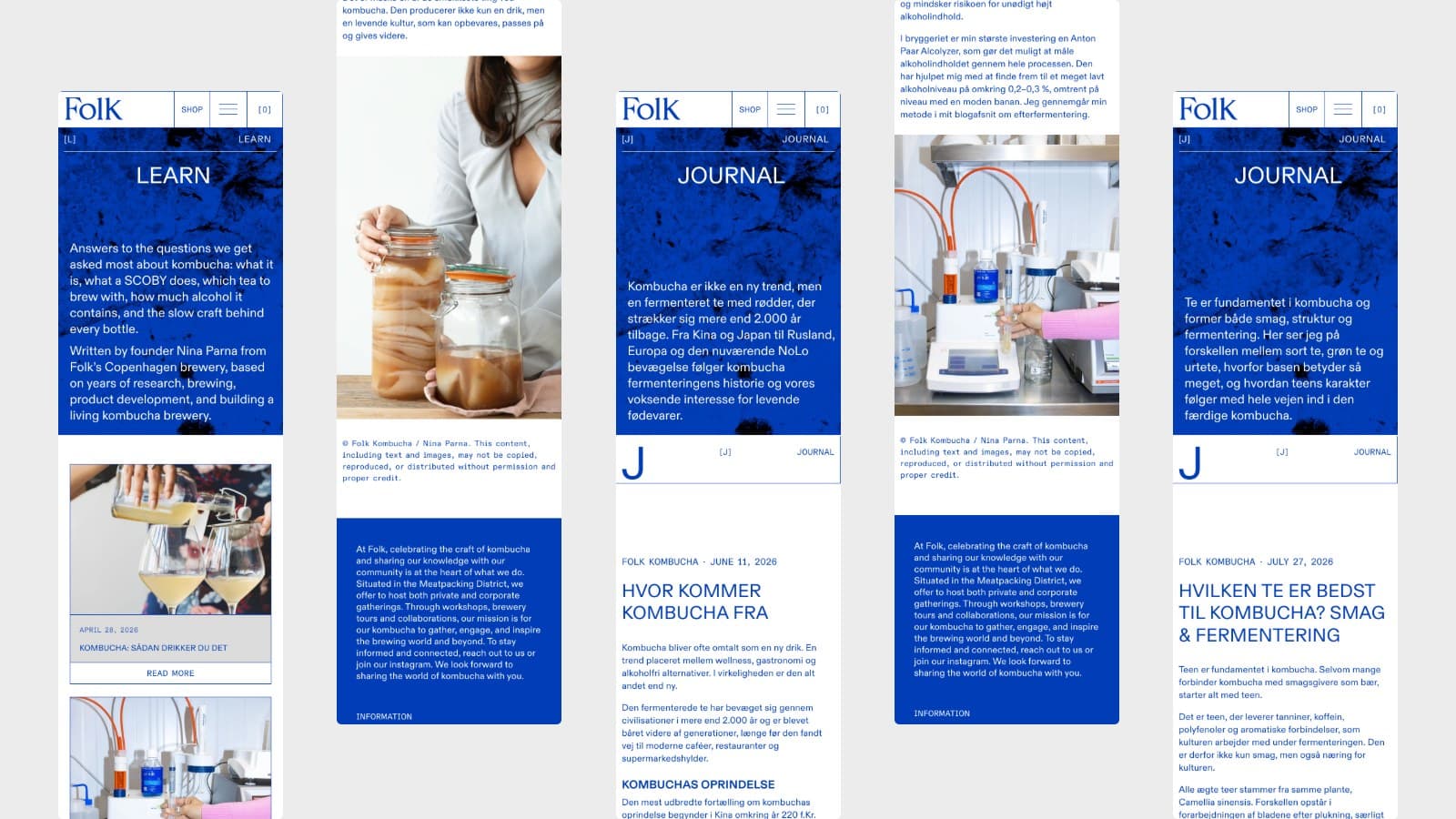 Five Learn journal articles on a phone in three templates: image left, image right and text only