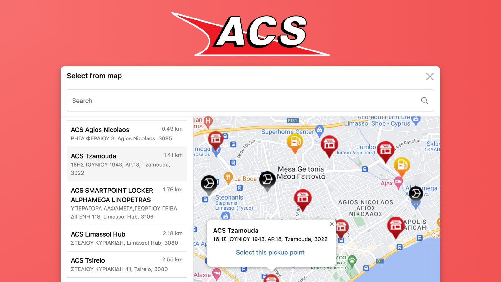 Map of ACS pickup points in Shopify