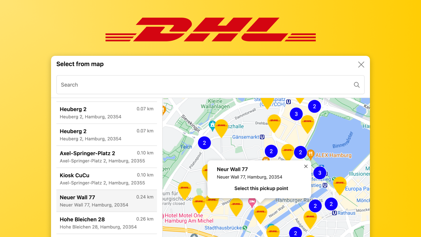 Map of DHL pickup points in Shopify