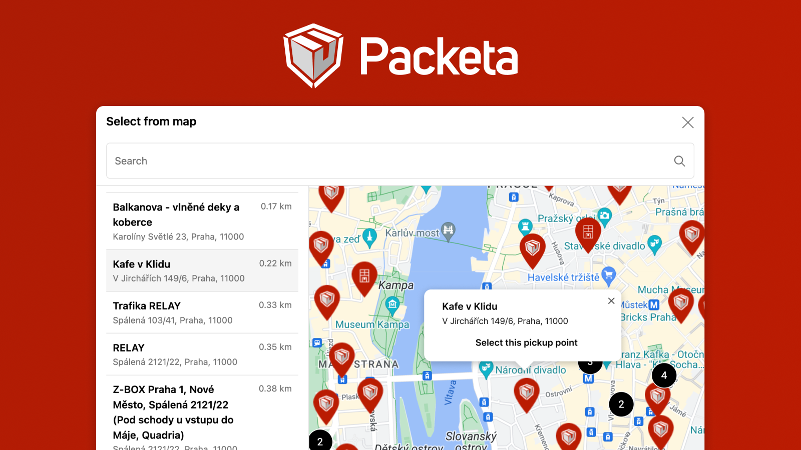 Map of Packeta pickup points in Shopify