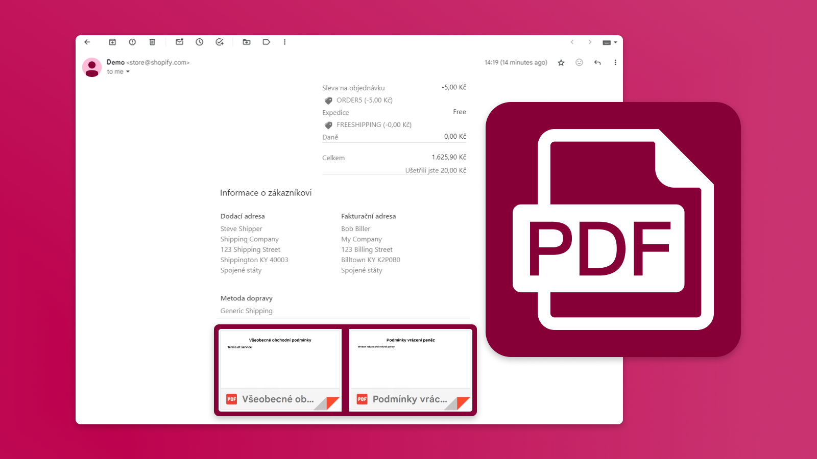 Přidání PDF souboru obchodních podmínek do objednávkového e-mailu v Shopify